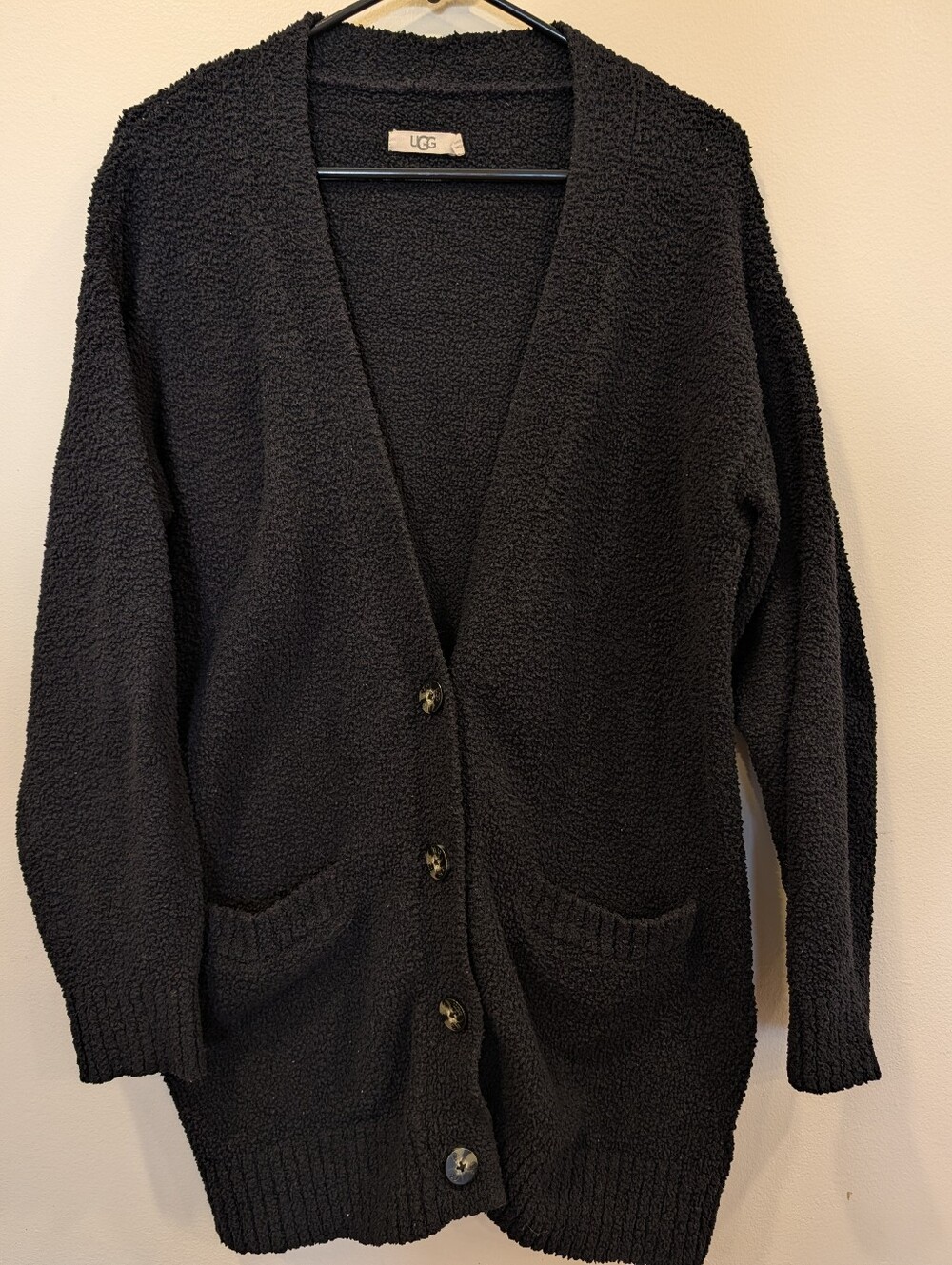 UGG Joselyn Black Cozy Knit Button Front Cardigan Sweater Pockets Medium